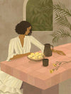 A woman sits beside a plate of lemons on a soft pink tiled table in a quiet interior. From the Lounging Ladies II collection by Urban Road.