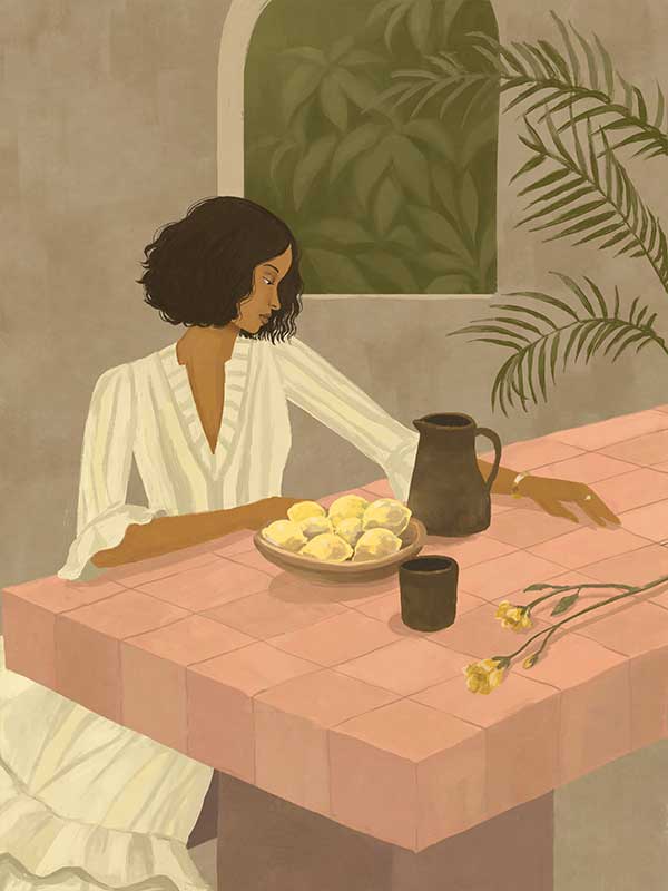 A woman sits beside a plate of lemons on a soft pink tiled table in a quiet interior. From the Lounging Ladies II collection by Urban Road.