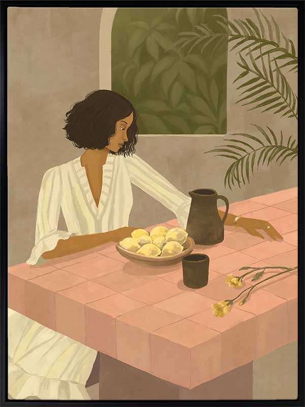 A woman sits beside a plate of lemons on a soft pink tiled table in a quiet interior. From the Lounging Ladies II collection by Urban Road.