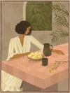 A woman sits beside a plate of lemons on a soft pink tiled table in a quiet interior. From the Lounging Ladies II collection by Urban Road.