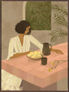 A woman sits beside a plate of lemons on a soft pink tiled table in a quiet interior. From the Lounging Ladies II collection by Urban Road.