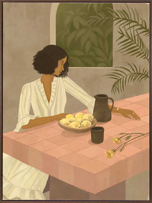 A woman sits beside a plate of lemons on a soft pink tiled table in a quiet interior. From the Lounging Ladies II collection by Urban Road.