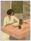 A woman sits beside a plate of lemons on a soft pink tiled table in a quiet interior. From the Lounging Ladies II collection by Urban Road.
