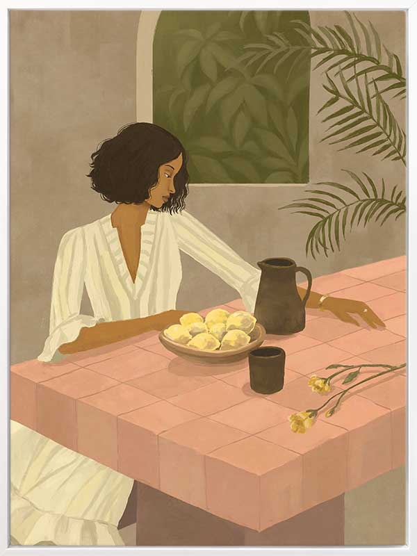 A woman sits beside a plate of lemons on a soft pink tiled table in a quiet interior. From the Lounging Ladies II collection by Urban Road.