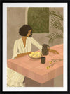 A woman sits beside a plate of lemons on a soft pink tiled table in a quiet interior. From the Lounging Ladies II collection by Urban Road.