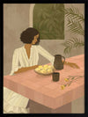 A woman sits beside a plate of lemons on a soft pink tiled table in a quiet interior. From the Lounging Ladies II collection by Urban Road.