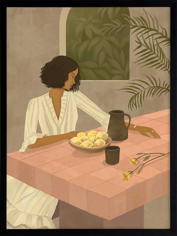 A woman sits beside a plate of lemons on a soft pink tiled table in a quiet interior. From the Lounging Ladies II collection by Urban Road.