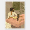 A woman sits beside a plate of lemons on a soft pink tiled table in a quiet interior. From the Lounging Ladies II collection by Urban Road.
