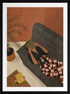 Illustration of a woman relaxing on a neutral sofa with warm orange surroundings and soft plant details, from the Lounging Ladies II collection by Urban Road.