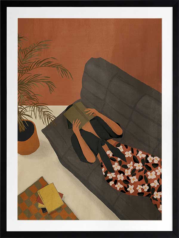 Illustration of a woman relaxing on a neutral sofa with warm orange surroundings and soft plant details, from the Lounging Ladies II collection by Urban Road.