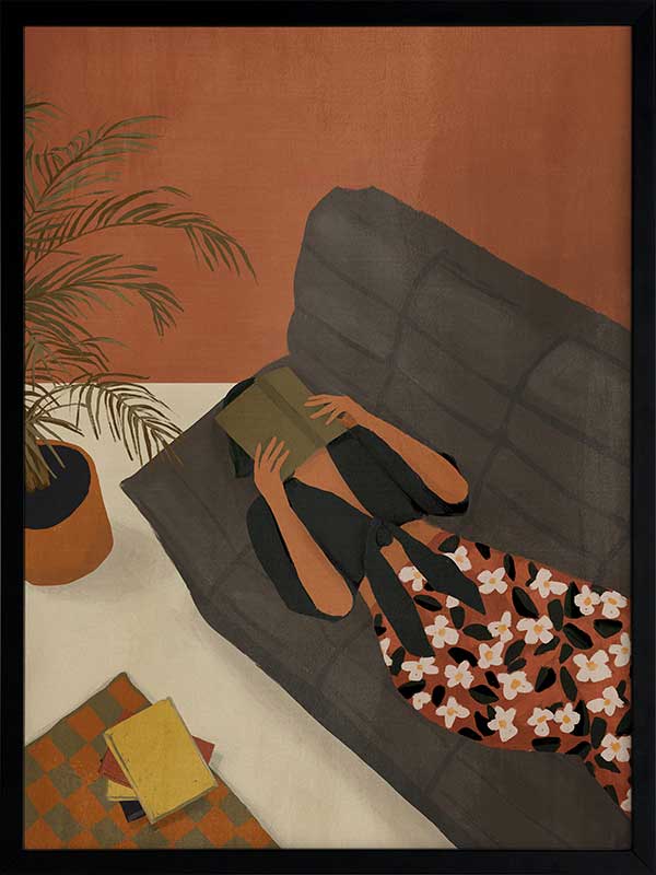 Illustration of a woman relaxing on a neutral sofa with warm orange surroundings and soft plant details, from the Lounging Ladies II collection by Urban Road.
