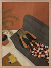 Illustration of a woman relaxing on a neutral sofa with warm orange surroundings and soft plant details, from the Lounging Ladies II collection by Urban Road.