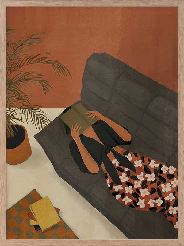 Illustration of a woman relaxing on a neutral sofa with warm orange surroundings and soft plant details, from the Lounging Ladies II collection by Urban Road.