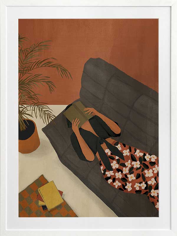Illustration of a woman relaxing on a neutral sofa with warm orange surroundings and soft plant details, from the Lounging Ladies II collection by Urban Road.