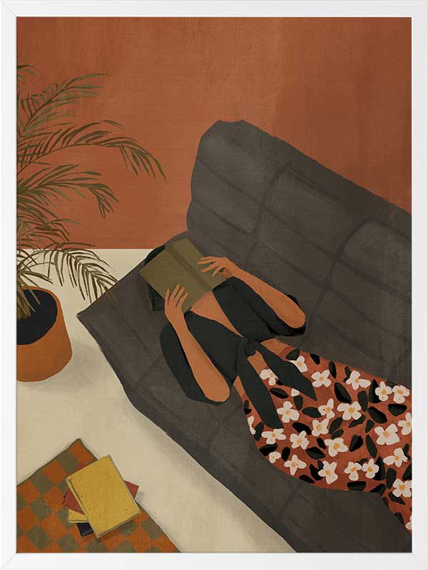 Illustration of a woman relaxing on a neutral sofa with warm orange surroundings and soft plant details, from the Lounging Ladies II collection by Urban Road.