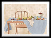 A wooden chair and table are set with pears, peaches, and plums over soft blue and cream linens. From the Lounging Ladies II collection by Urban Road.
