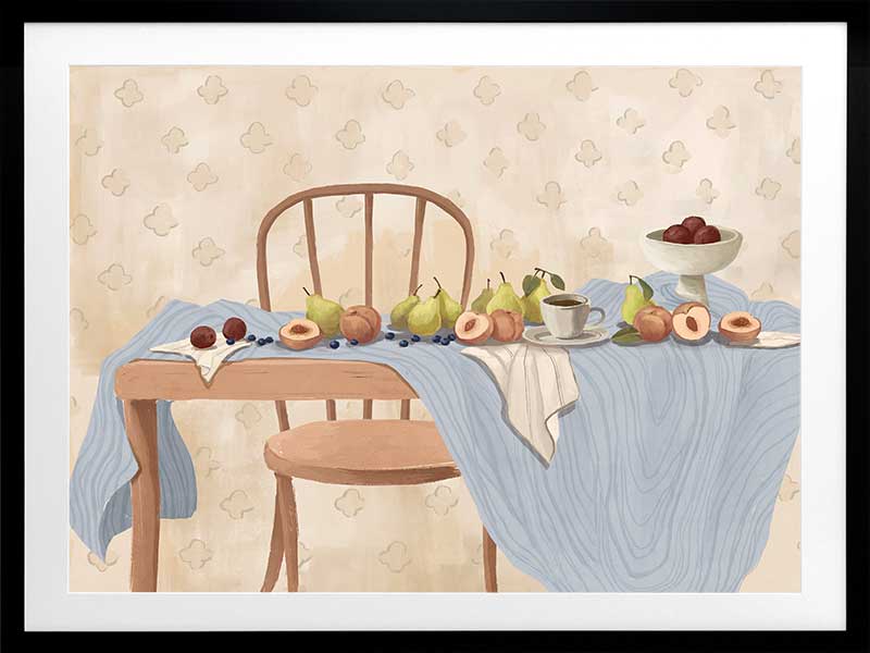 A wooden chair and table are set with pears, peaches, and plums over soft blue and cream linens. From the Lounging Ladies II collection by Urban Road.