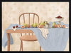 A wooden chair and table are set with pears, peaches, and plums over soft blue and cream linens. From the Lounging Ladies II collection by Urban Road.