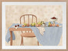 A wooden chair and table are set with pears, peaches, and plums over soft blue and cream linens. From the Lounging Ladies II collection by Urban Road.