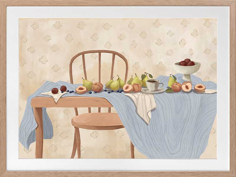 A wooden chair and table are set with pears, peaches, and plums over soft blue and cream linens. From the Lounging Ladies II collection by Urban Road.