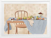 A wooden chair and table are set with pears, peaches, and plums over soft blue and cream linens. From the Lounging Ladies II collection by Urban Road.