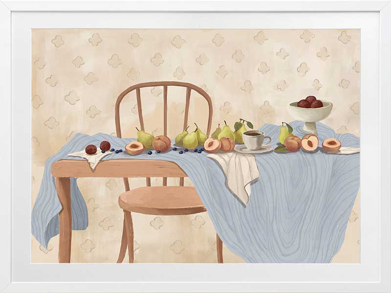 A wooden chair and table are set with pears, peaches, and plums over soft blue and cream linens. From the Lounging Ladies II collection by Urban Road.