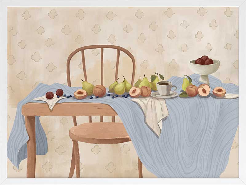 A wooden chair and table are set with pears, peaches, and plums over soft blue and cream linens. From the Lounging Ladies II collection by Urban Road.