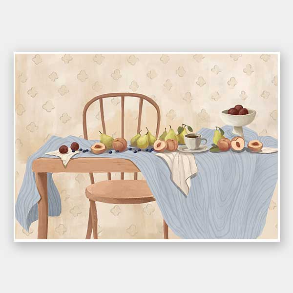 A wooden chair and table are set with pears, peaches, and plums over soft blue and cream linens. From the Lounging Ladies II collection by Urban Road.