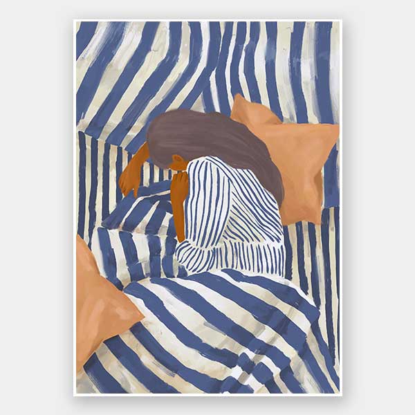Woman in striped sleepwear reclines across soft blue and neutral bedding in a quiet personal scene, from the Lounging Ladies II collection by Urban Road.