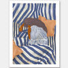 Woman in striped sleepwear reclines across soft blue and neutral bedding in a quiet personal scene, from the Lounging Ladies II collection by Urban Road.