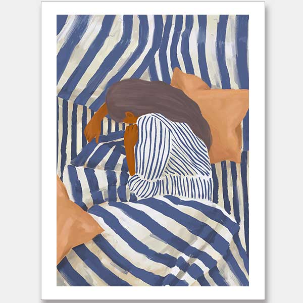 Woman in striped sleepwear reclines across soft blue and neutral bedding in a quiet personal scene, from the Lounging Ladies II collection by Urban Road.