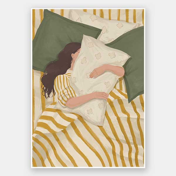 A woman in a yellow striped dress sleeps while embracing a pillow on a soft bed. From the Lounging Ladies II collection by Urban Road.