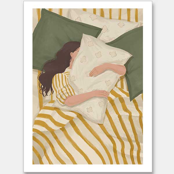 A woman in a yellow striped dress sleeps while embracing a pillow on a soft bed. From the Lounging Ladies II collection by Urban Road.