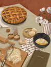 A baking scene with grated cheese, cracked eggs, and a freshly baked pie set on a neutral-toned table. From the Lounging Ladies II collection by Urban Road.