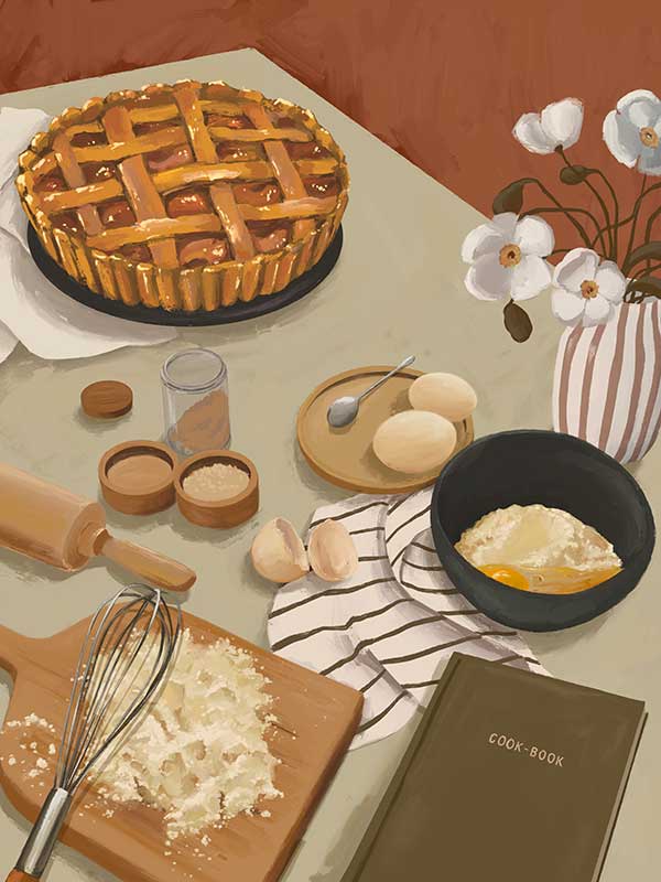A baking scene with grated cheese, cracked eggs, and a freshly baked pie set on a neutral-toned table. From the Lounging Ladies II collection by Urban Road.