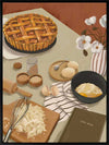 A baking scene with grated cheese, cracked eggs, and a freshly baked pie set on a neutral-toned table. From the Lounging Ladies II collection by Urban Road.