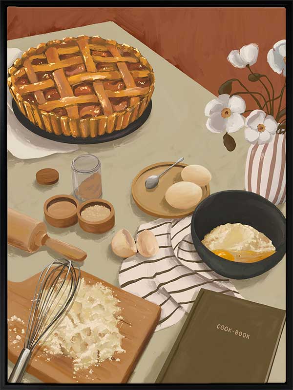 A baking scene with grated cheese, cracked eggs, and a freshly baked pie set on a neutral-toned table. From the Lounging Ladies II collection by Urban Road.