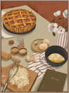 A baking scene with grated cheese, cracked eggs, and a freshly baked pie set on a neutral-toned table. From the Lounging Ladies II collection by Urban Road.