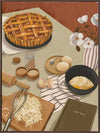 A baking scene with grated cheese, cracked eggs, and a freshly baked pie set on a neutral-toned table. From the Lounging Ladies II collection by Urban Road.