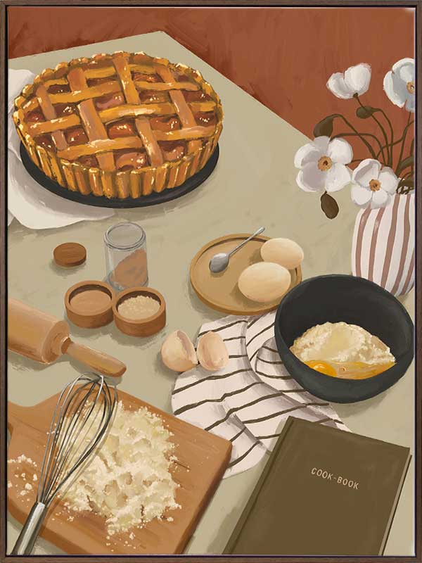 A baking scene with grated cheese, cracked eggs, and a freshly baked pie set on a neutral-toned table. From the Lounging Ladies II collection by Urban Road.
