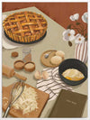 A baking scene with grated cheese, cracked eggs, and a freshly baked pie set on a neutral-toned table. From the Lounging Ladies II collection by Urban Road.