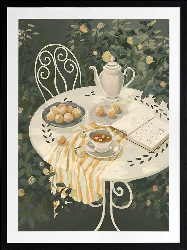 A soft garden scene with a white table set for tea among lush greenery, featuring pastries and striped linens. From the Lounging Ladies II collection by Urban Road.