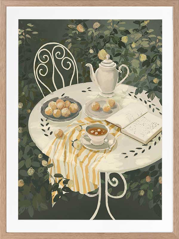 A soft garden scene with a white table set for tea among lush greenery, featuring pastries and striped linens. From the Lounging Ladies II collection by Urban Road.