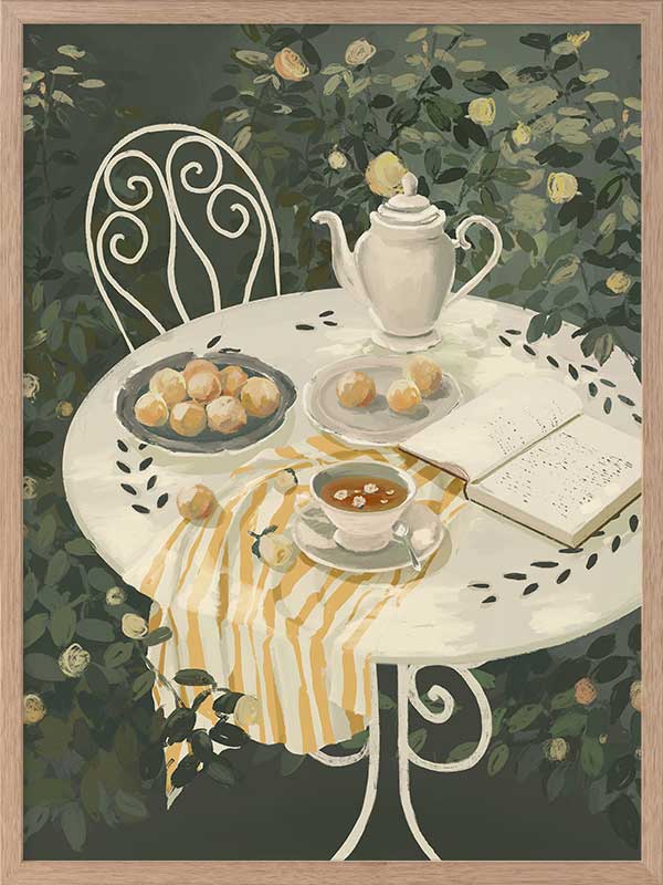 A soft garden scene with a white table set for tea among lush greenery, featuring pastries and striped linens. From the Lounging Ladies II collection by Urban Road.