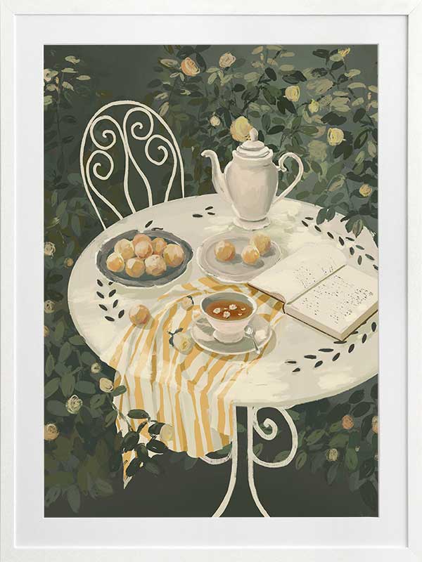 A soft garden scene with a white table set for tea among lush greenery, featuring pastries and striped linens. From the Lounging Ladies II collection by Urban Road.