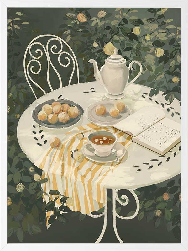A soft garden scene with a white table set for tea among lush greenery, featuring pastries and striped linens. From the Lounging Ladies II collection by Urban Road.