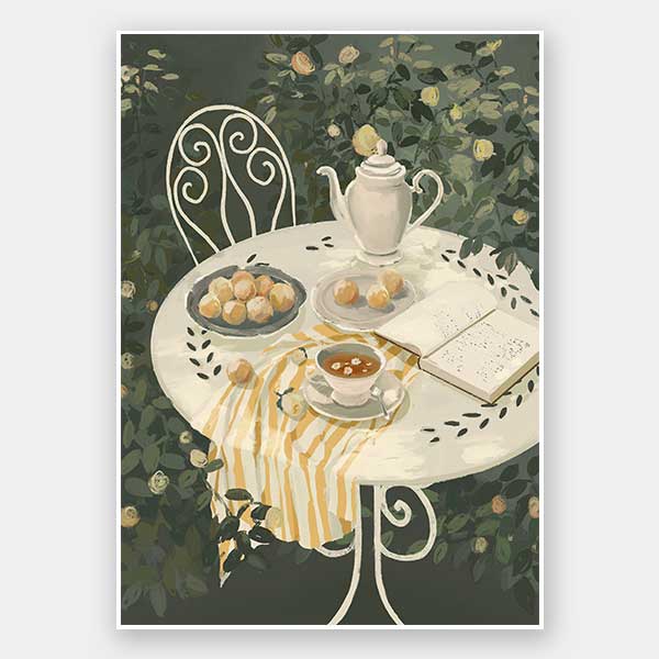 A soft garden scene with a white table set for tea among lush greenery, featuring pastries and striped linens. From the Lounging Ladies II collection by Urban Road.