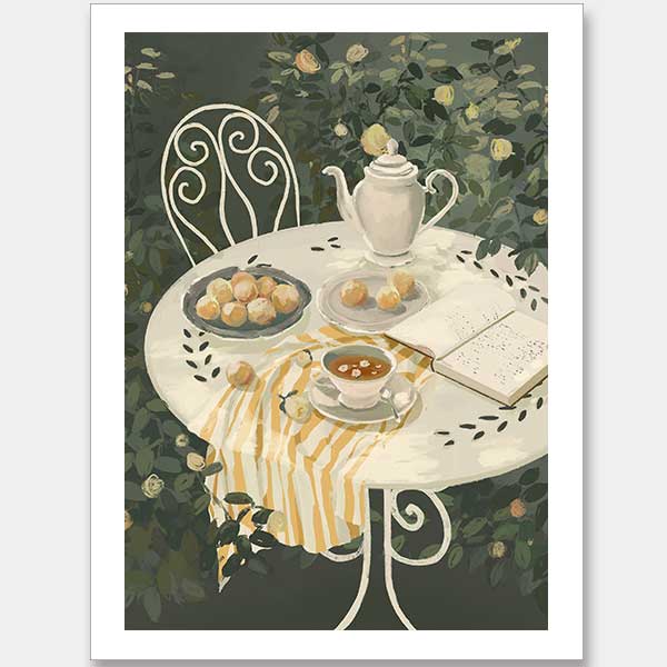 A soft garden scene with a white table set for tea among lush greenery, featuring pastries and striped linens. From the Lounging Ladies II collection by Urban Road.