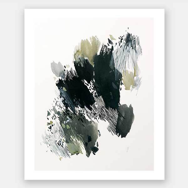 Hazy Days Unframed Art Print by Urban Road features abstract green splashes, dark green, black, and gray brushstrokes with thin scribbled lines and dotted patterns on a white background—modern and striking.