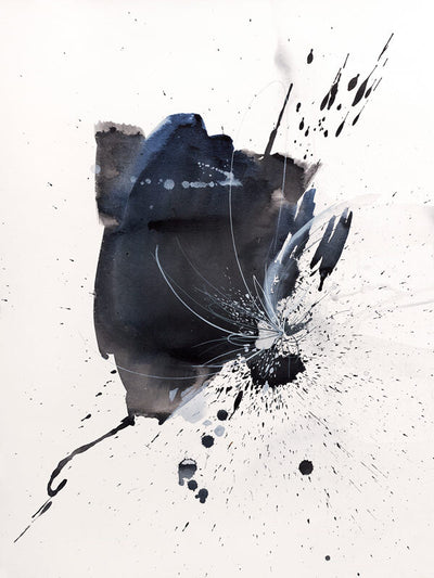 Breaking Tide Unframed Art Print by Urban Road showcases bold blue splashes, dark splatters, and sweeping lines on white, with a central burst of black and gray tones that evoke dynamic movement and energy.
